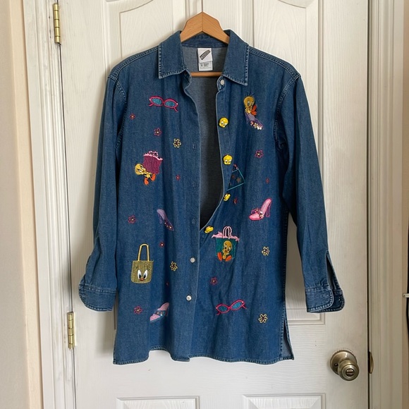 Vintage Tweety Bird Looney Tunes Cartoon Embroidered Denim Shirt Size S - Picture 3 of 11